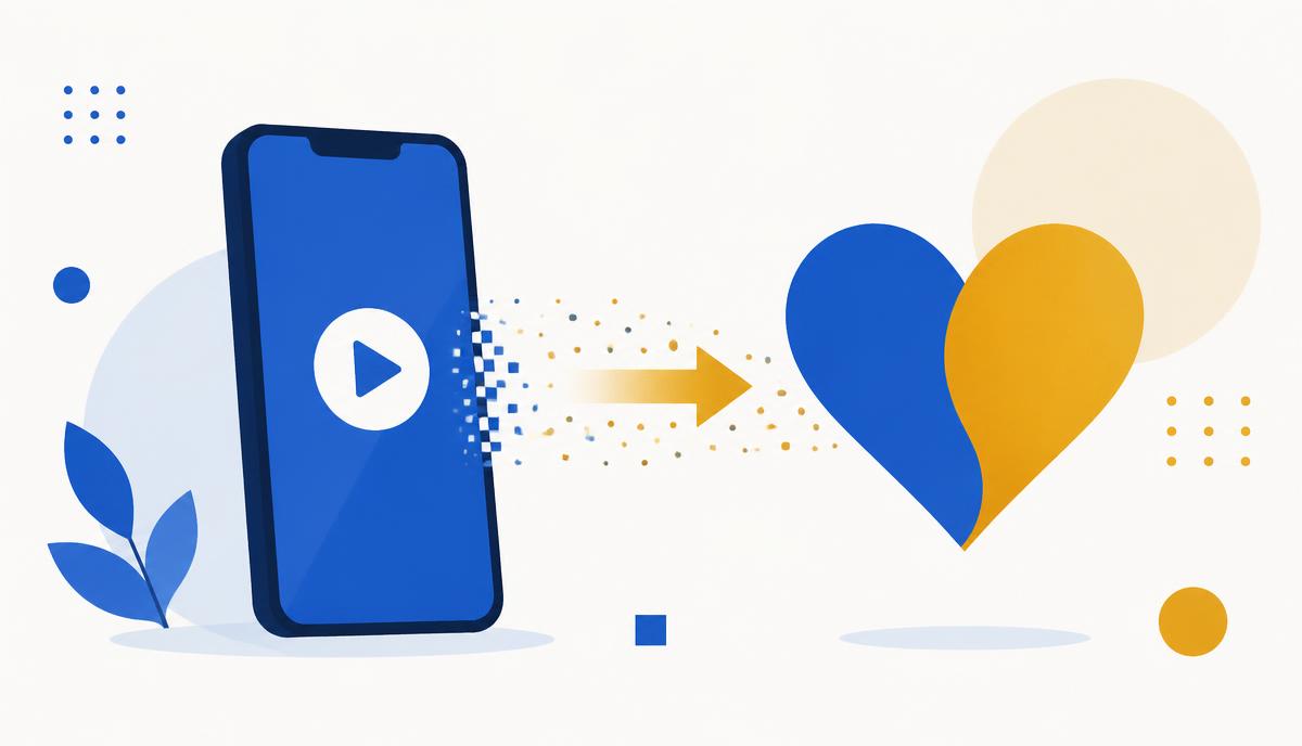 Ilustração de um celular com botão de play transformando atenção em um coração de doação.