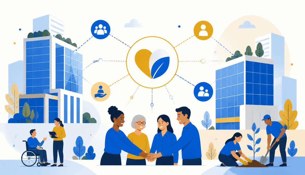 Ilustração de empresas conectadas a projetos sociais e ESG.