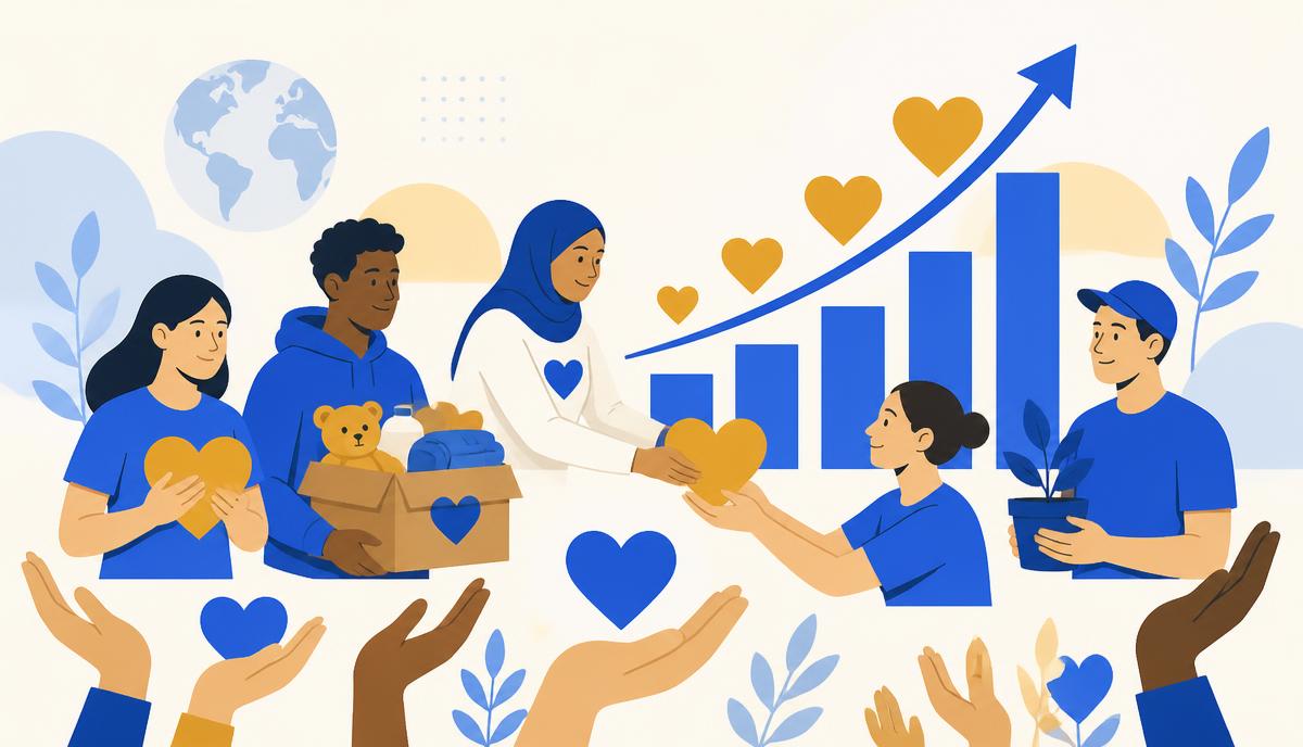 Ilustração de voluntários e gráfico de crescimento representando a captação de recursos de ONGs.